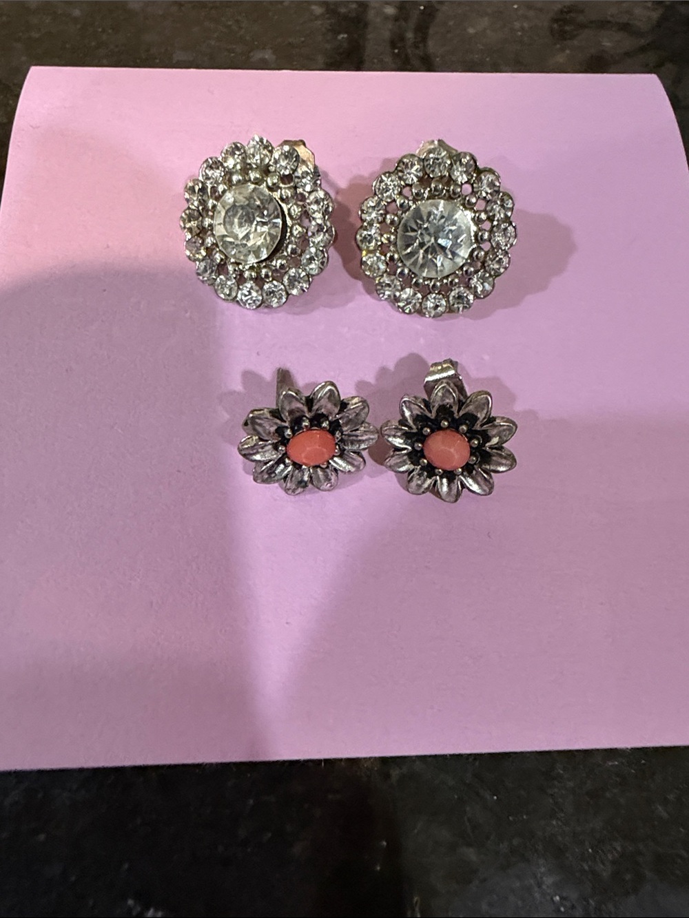 Earring Set - Orange Flower with Silver-tone & Sparkly Faux-Gemstone
